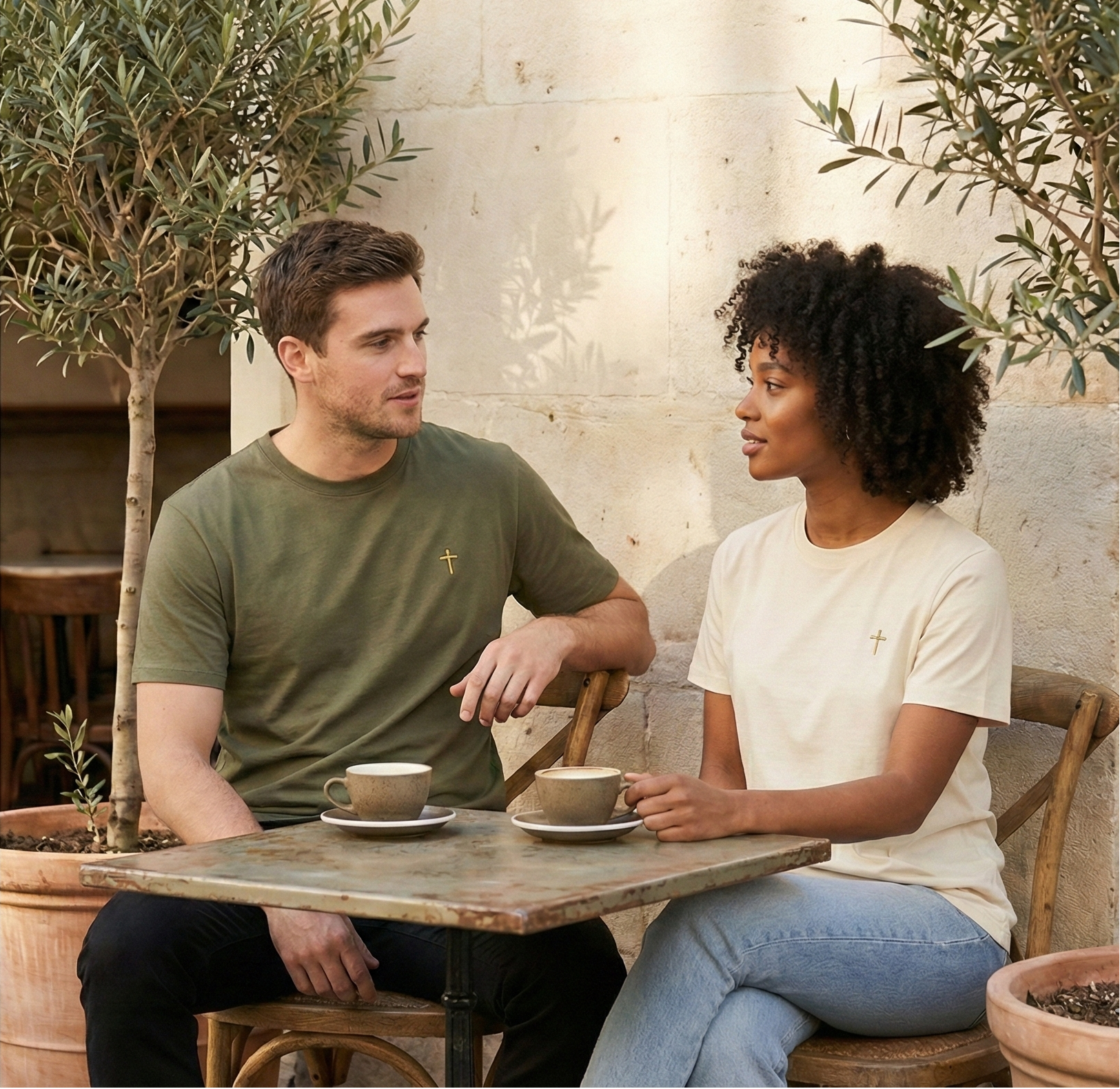 Two people wearing Crux Design Christian T-shirt sitting at a table with coffee cups in an outdoor setting.